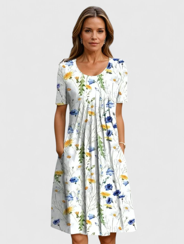 Zelmoria | Chic Floral Midi Dress with Short Sleeves