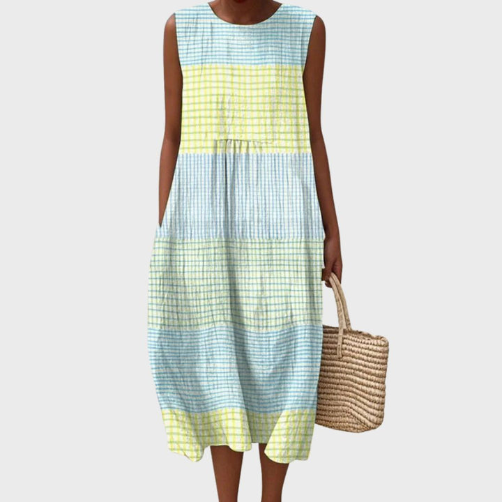 Zorvella | Modern Printed Midi Dress with Sleeveless Silhouette