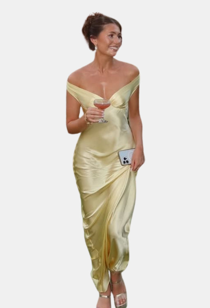 Zoryvella | Wedding Guest Off Shoulder Satin Maxi Dress