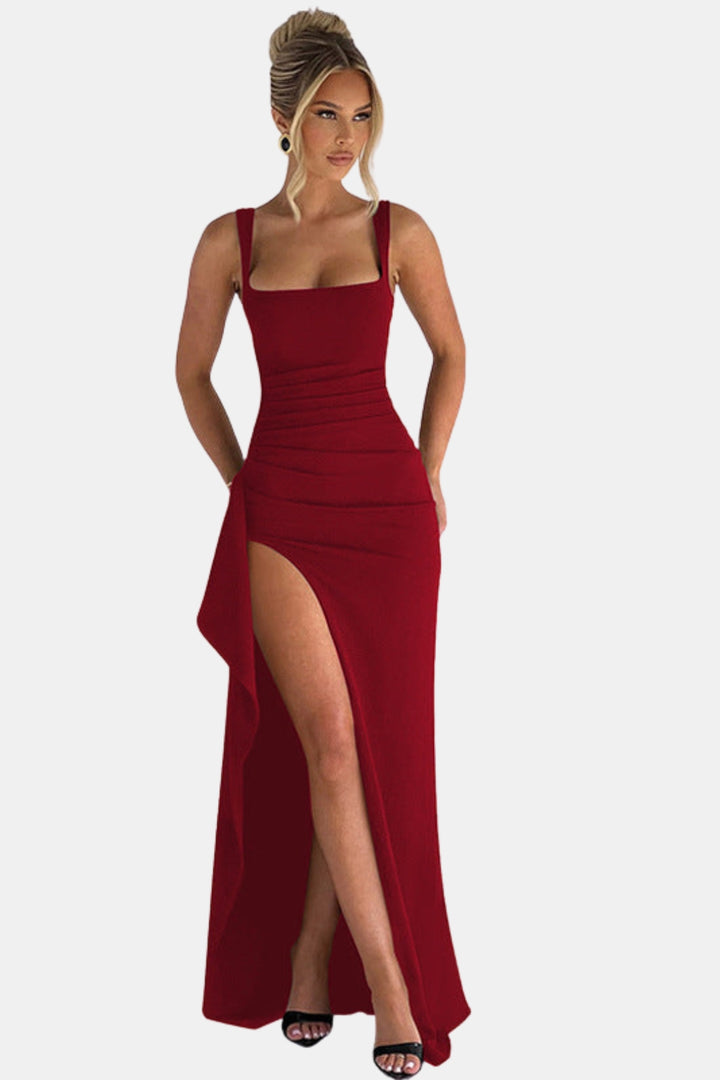 Zoryzella | Elegant Square Neck Maxi Dress with High Slit