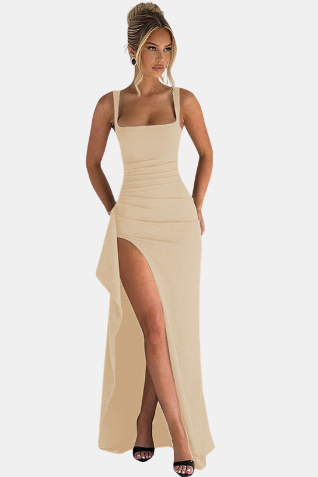 Zoryzella | Elegant Square Neck Maxi Dress with High Slit