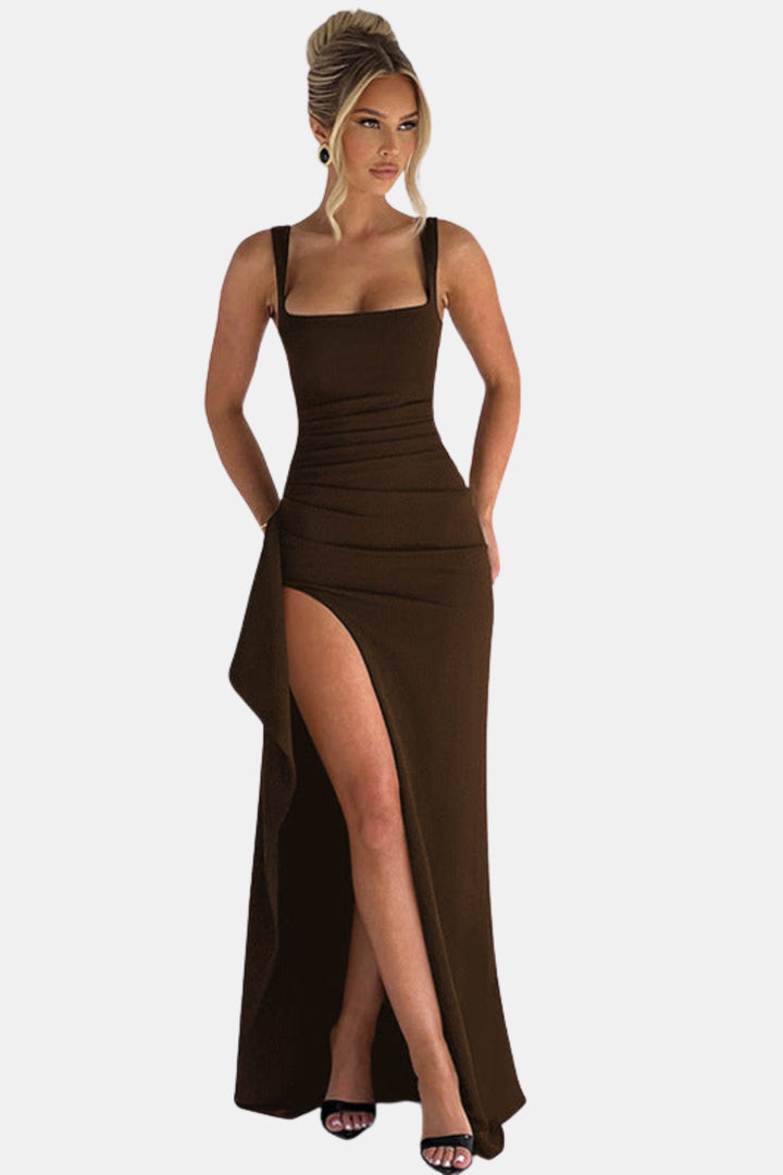 Zoryzella | Elegant Square Neck Maxi Dress with High Slit