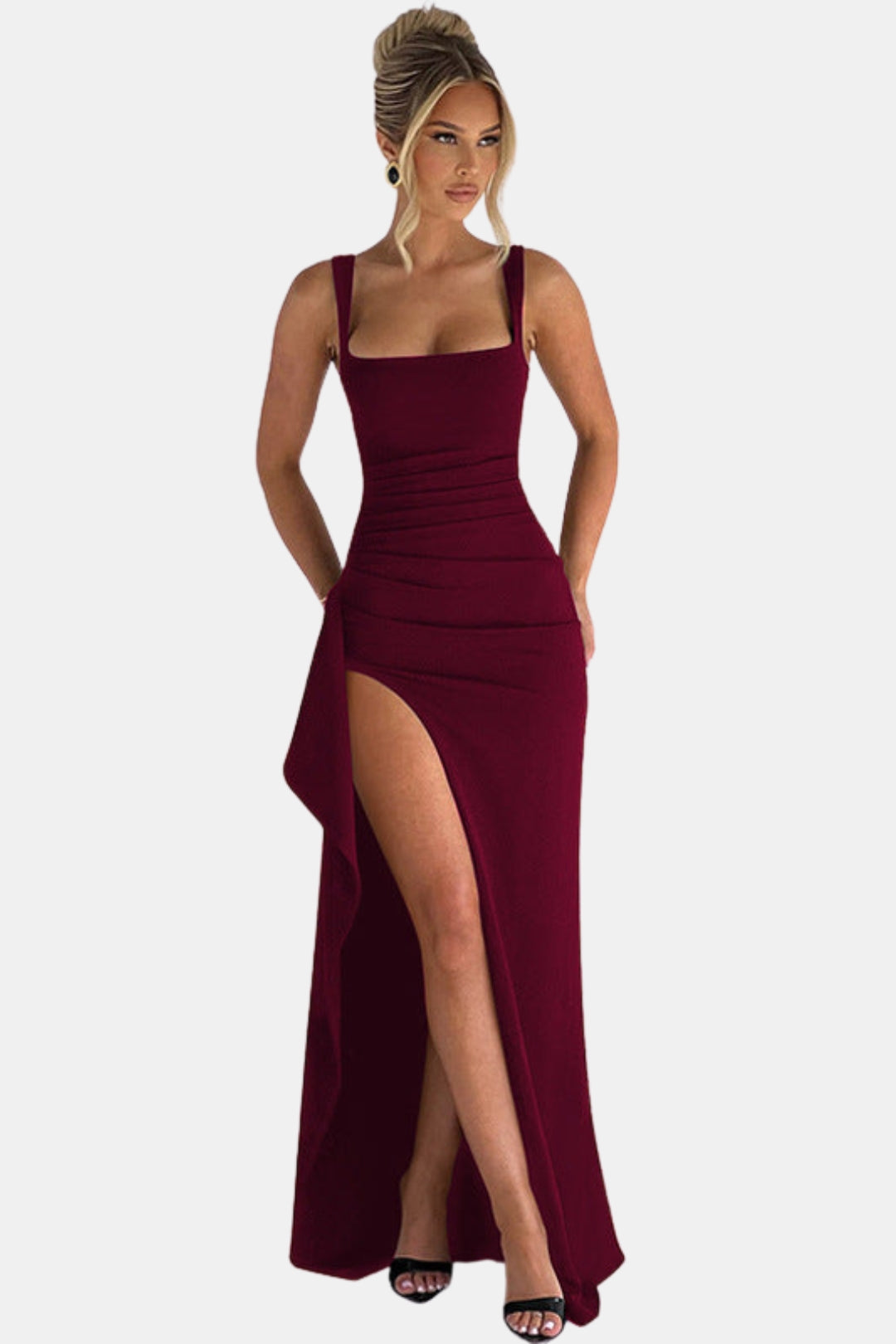 Zoryzella | Elegant Square Neck Maxi Dress with High Slit