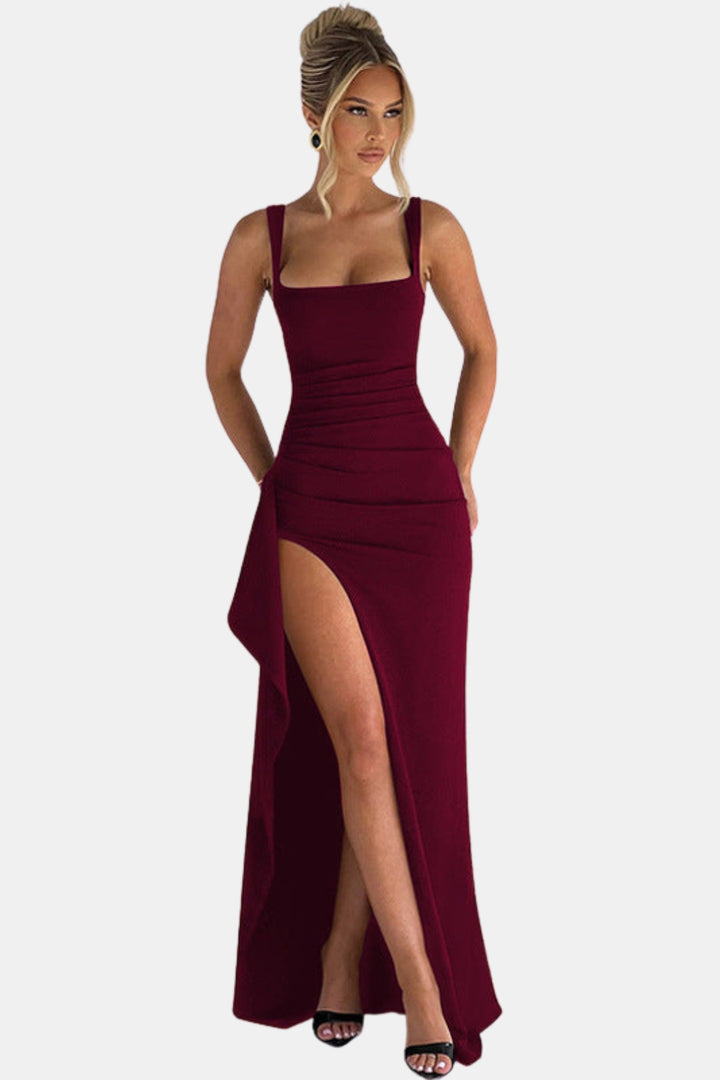 Zoryzella | Elegant Square Neck Maxi Dress with High Slit