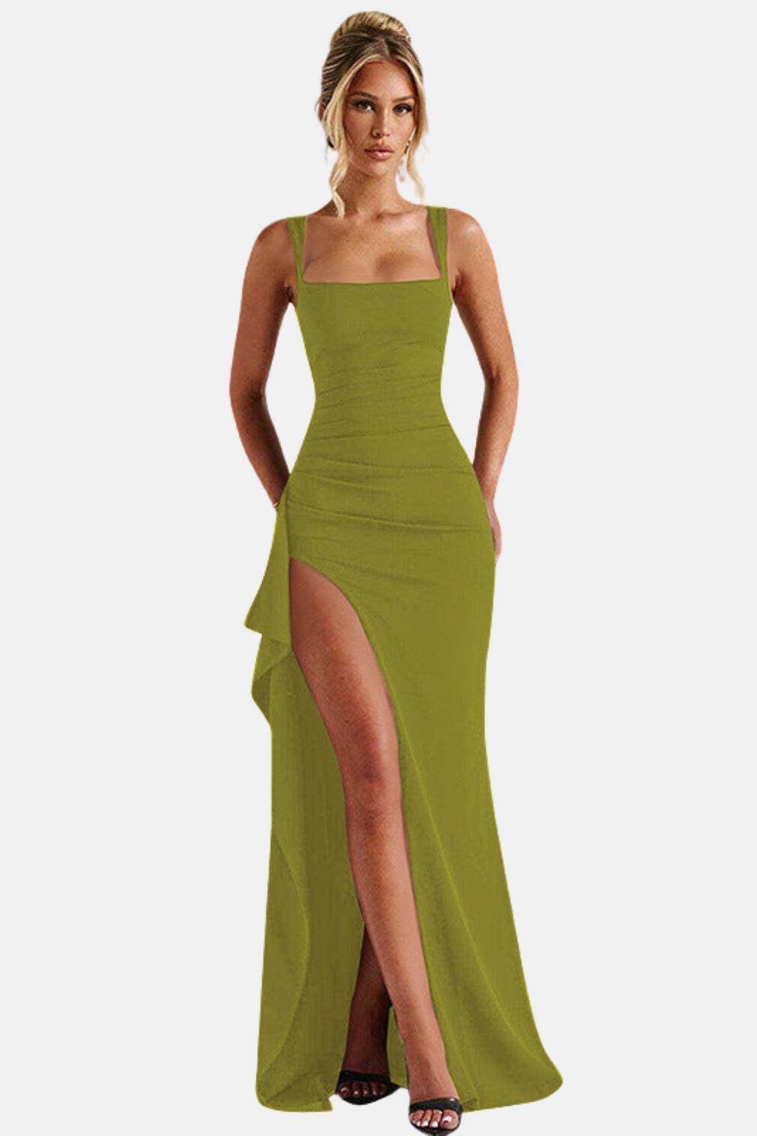 Zoryzella | Elegant Square Neck Maxi Dress with High Slit