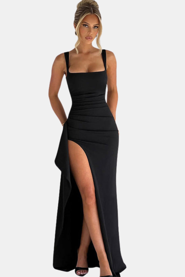 Zoryzella | Elegant Square Neck Maxi Dress with High Slit