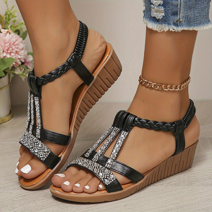 Zuleika | Elegant Wedge Sandals with Rhinestone Detail