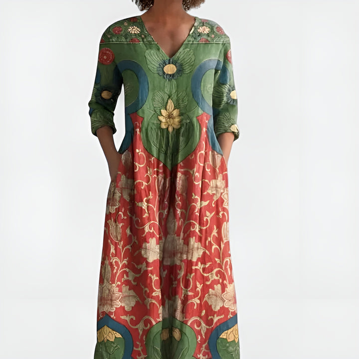 Zymoria | Elegant Patterned Midi Dress with V-Neck