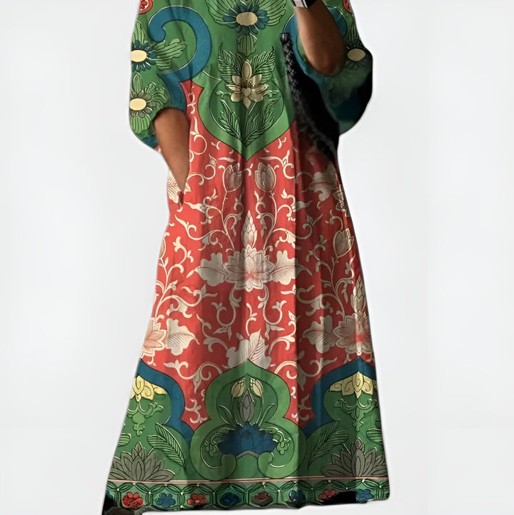 Zymoria | Elegant Patterned Midi Dress with V-Neck