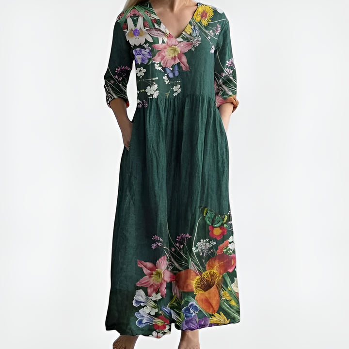 Zymoria | Elegant Patterned Midi Dress with V-Neck