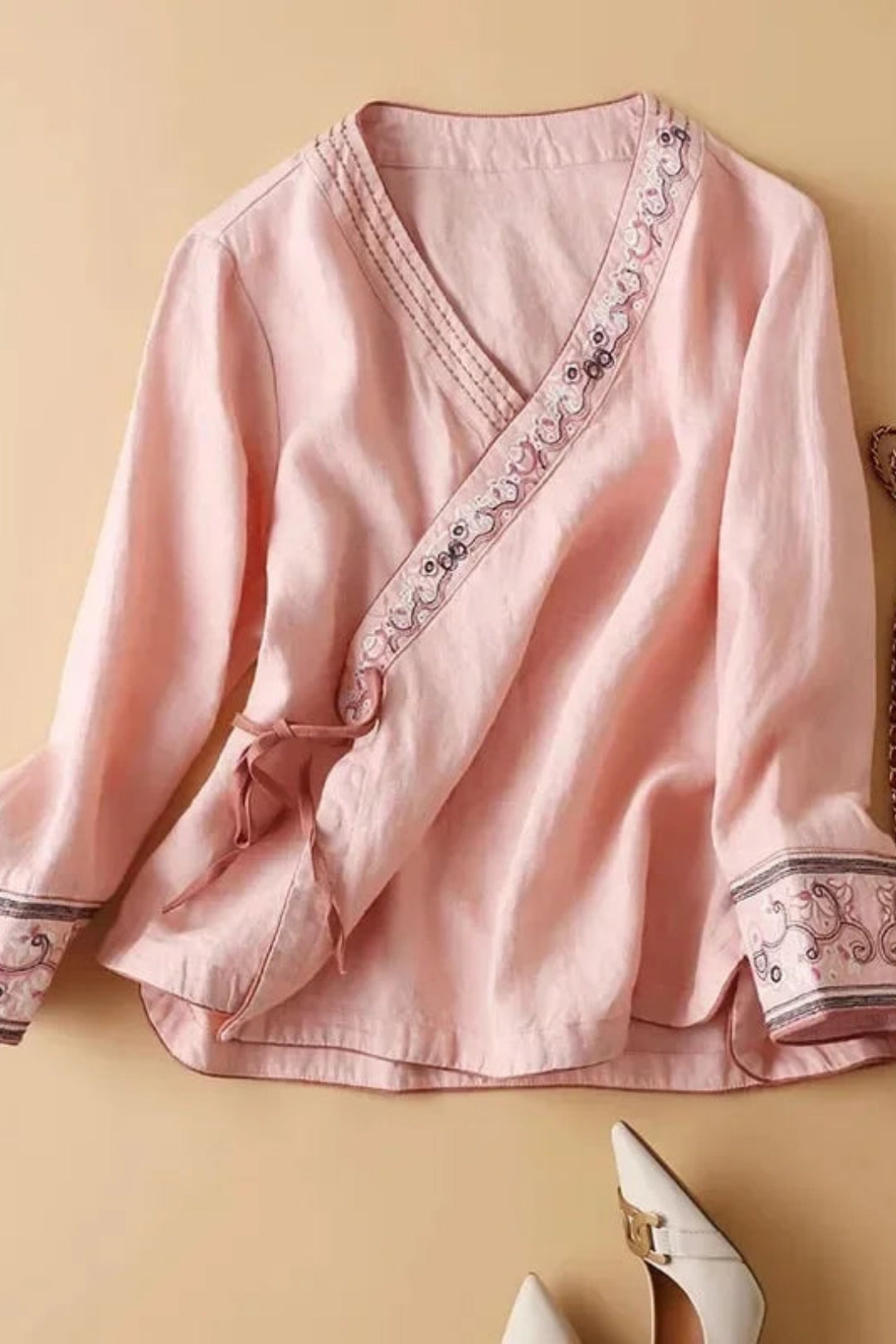Zynora | Embroidered Wrap Blouse with V Neck