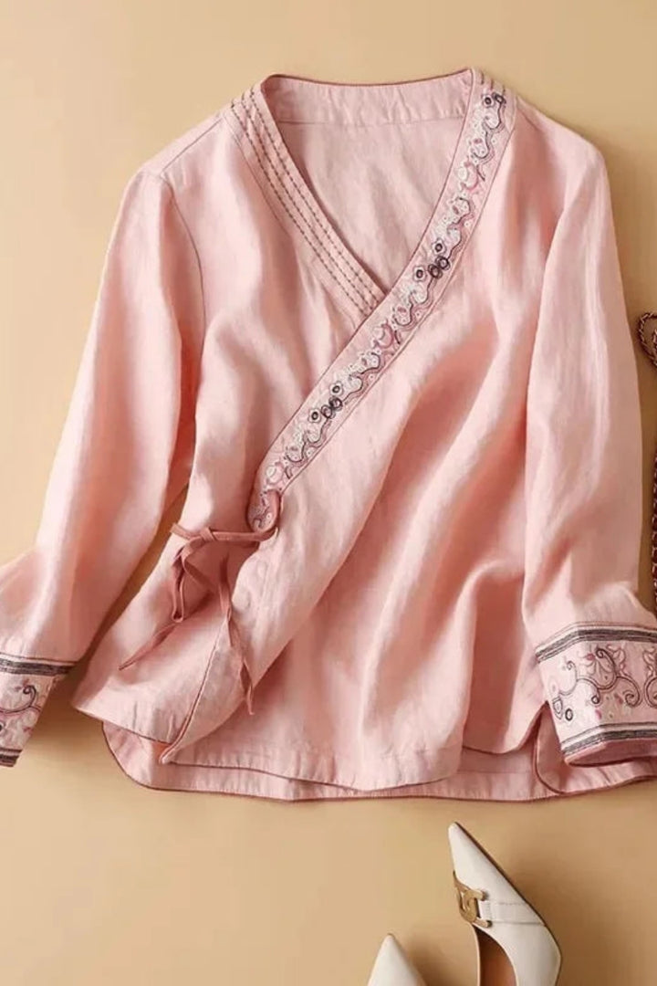 Zynora | Embroidered Wrap Blouse with V Neck