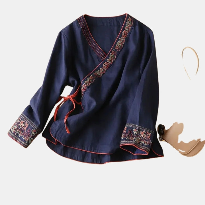 Zynora | Embroidered Wrap Blouse with V Neck