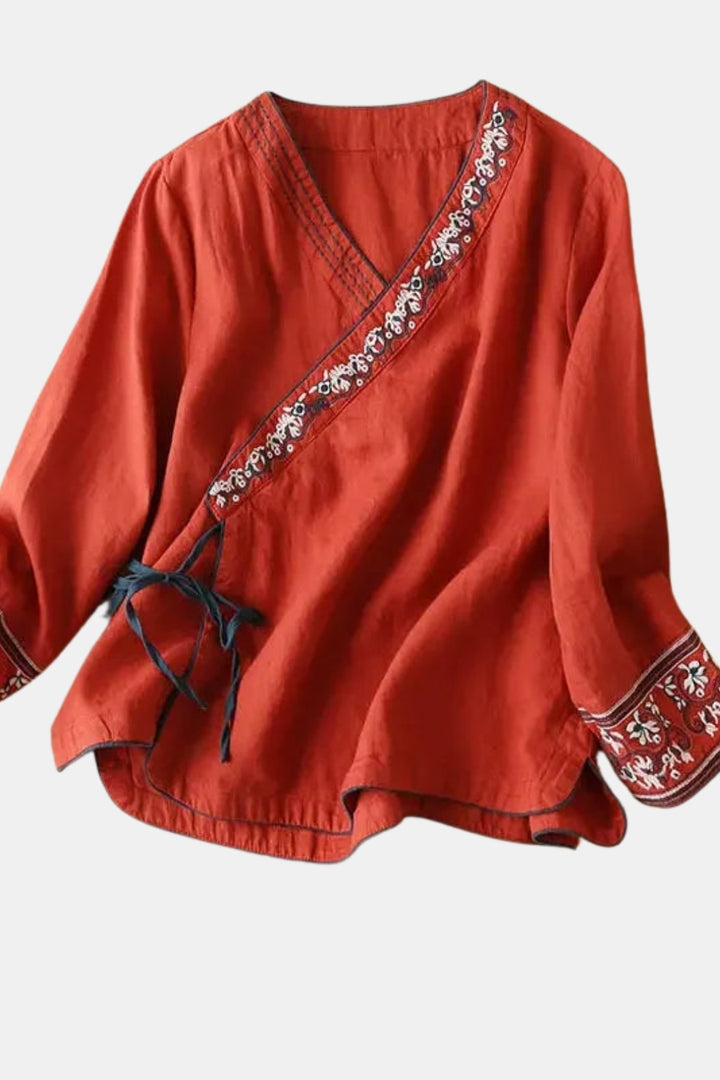 Zynora | Embroidered Wrap Blouse with V Neck